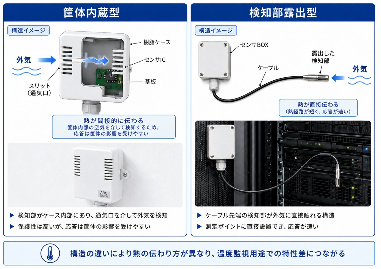 検知部露出型と筐体内蔵型の構造を比較した図